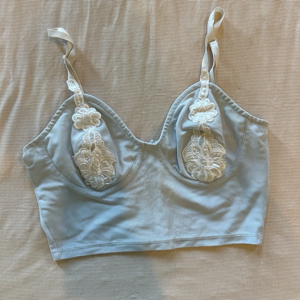 Light Blue Lace-Trim Bralette with Floral Accents